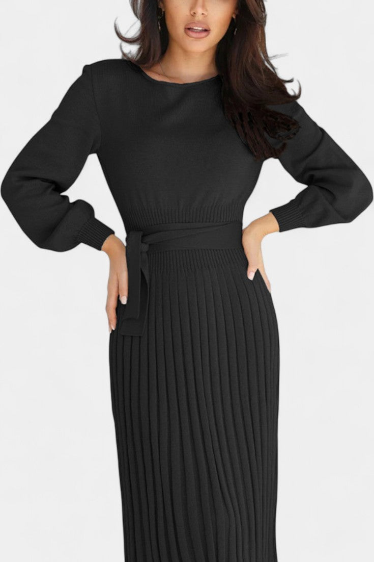 Chloéria Robe Pull Midi Plissée à Ceinture et Maille Côtelée