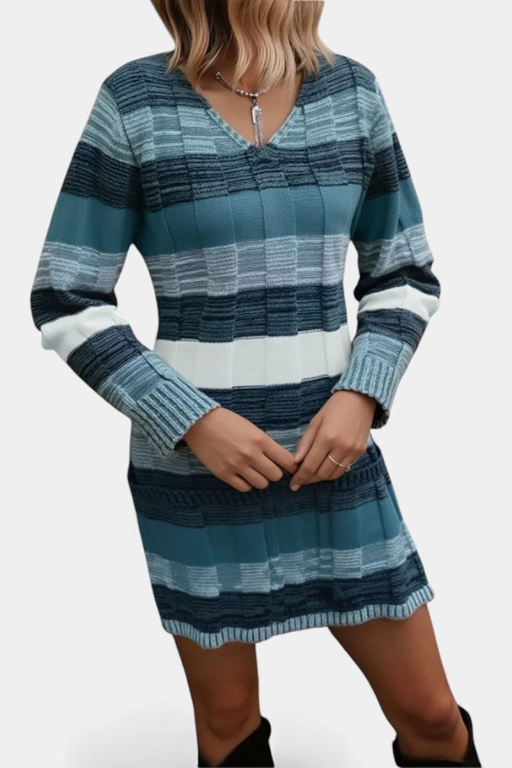 Lilas Robe Pull Tricotée à Rayures Colorées et Poches