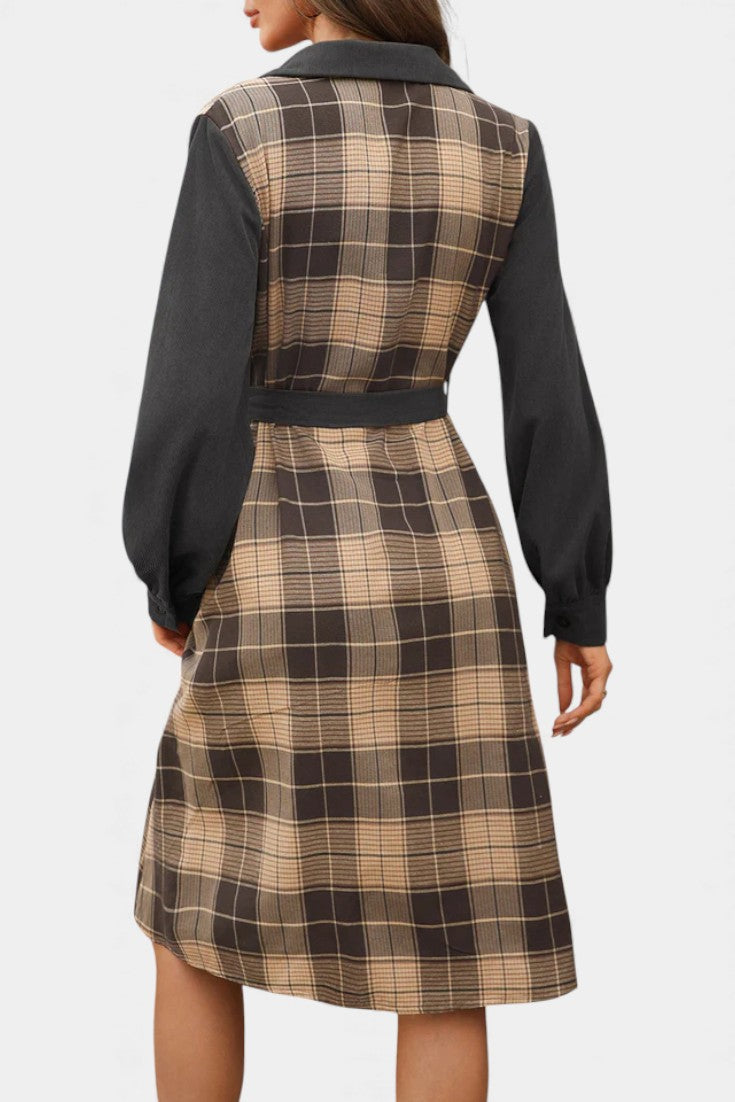 Naïla Robe Chemise Mi-Longue à Carreaux Patchwork Ceinturée