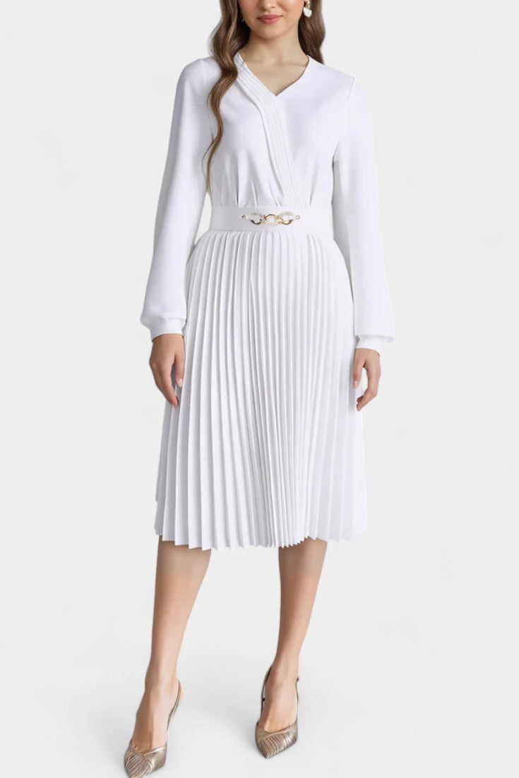 Lucie Robe Midi Plissée à Manches Longues et Ceinture
