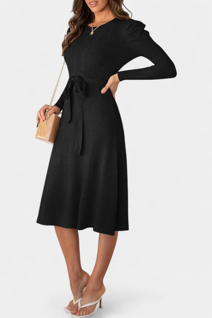 Évoria Robe Pull Midi Tricotée à Manches Bouffantes et Détail Lacé