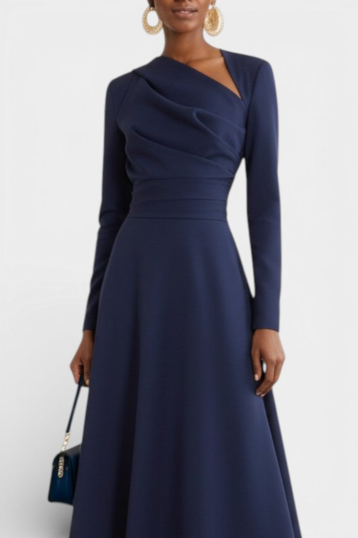 Wanda Robe Midi Asymétrique à Manches Longues et Coupe Trapèze