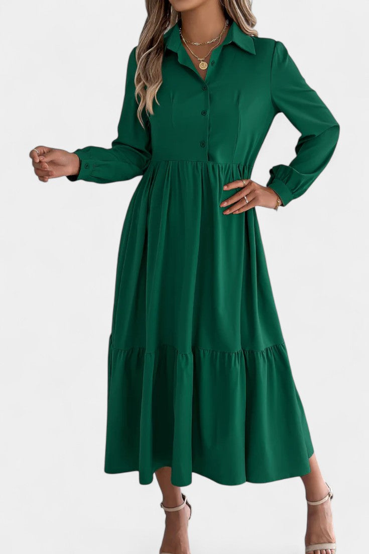 Jessica Robe Chemise Longue à Étages et Manches Longues Boutonnée