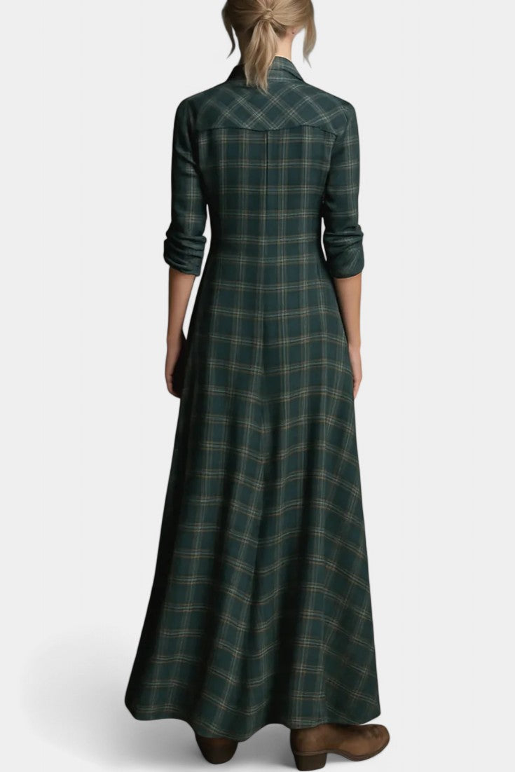 Amanita Robe Chemise Maxi à Carreaux Verts et Col à Revers Structuré
