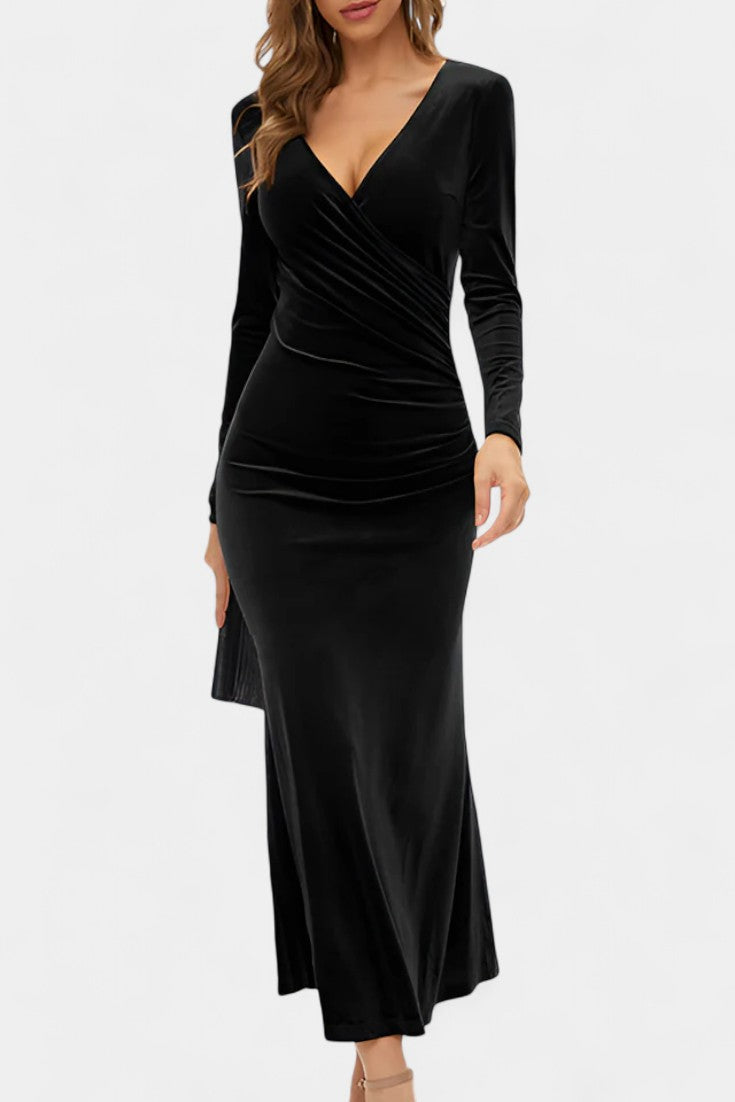 Hespérie Robe Longue en Velours à Fronces Asymétriques et Ourlet Sirène