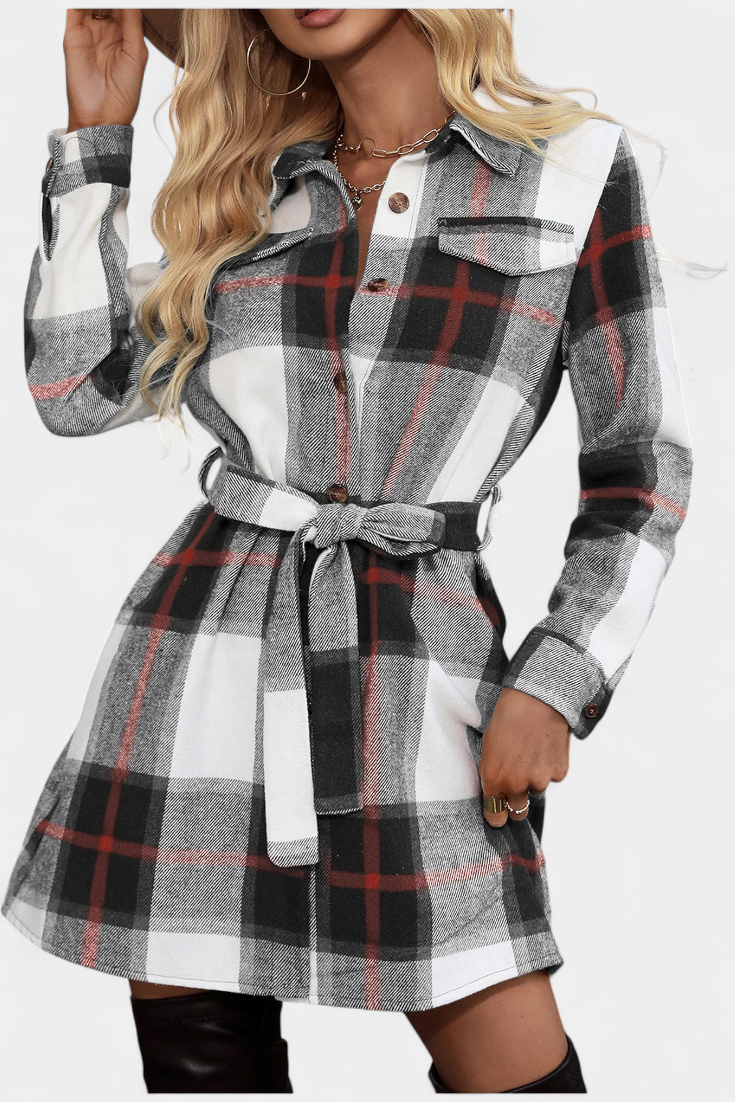 Masia Robe Chemise Mini à Carreaux avec Ceinture Ajustable