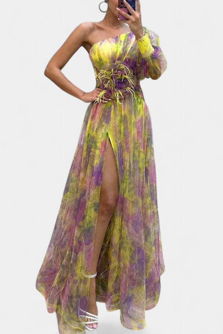Amelie Robe Asymétrique à Imprimé Aquarelle et Détail Floral