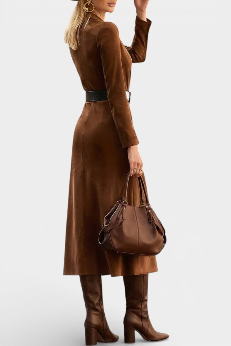Julia Robe Fendue en Faux Suède Style Western Rétro avec Ceinture