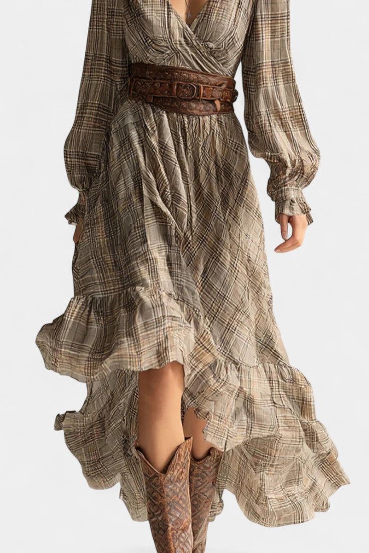 Thandie Robe Bohème en Chiffon à Carreaux et Détails Volantés