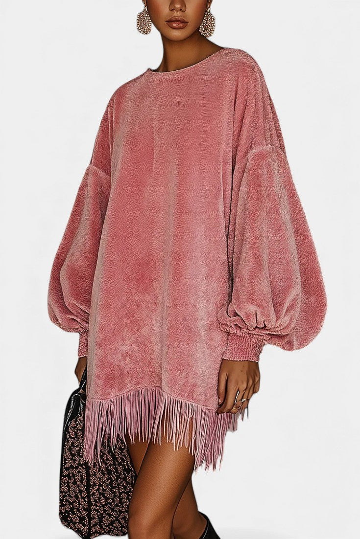 Danaë Robe Oversize en Velours Rose à Franges et Col Rond