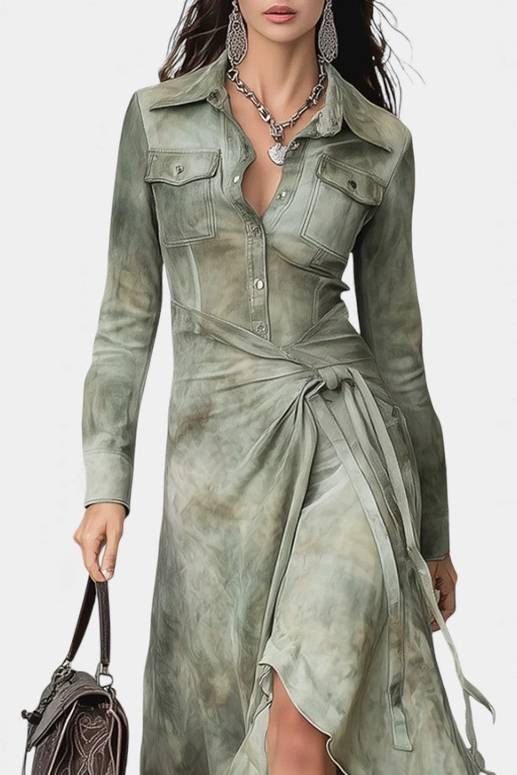 Sigrid Robe Maxi Slim en Suédine Tie-Dye Vert Sauge