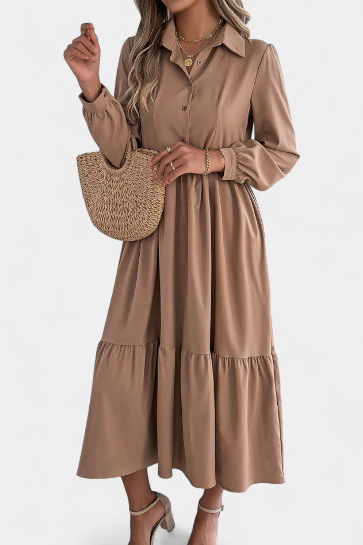 Jessica Robe Chemise Longue à Étages et Manches Longues Boutonnée