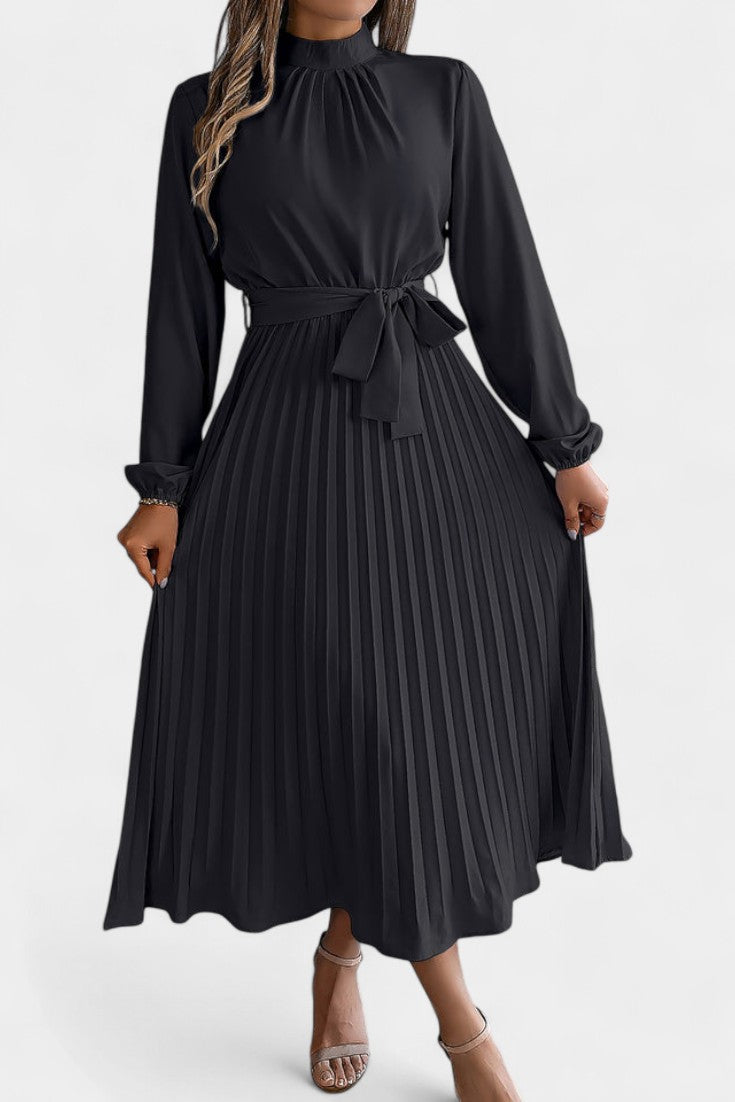 Morgane Robe Plissée à Col Montant Froncé et Taille Nouée