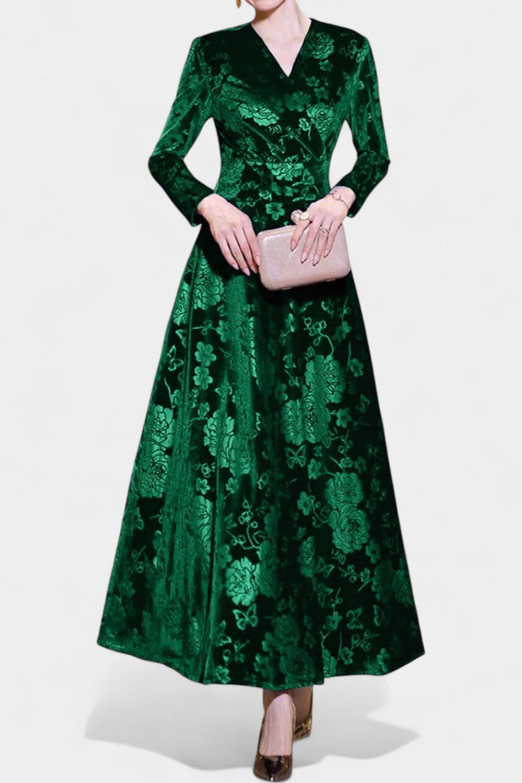 Ombeline Robe Longue en Velours à Col V et Motif Floral Texturé