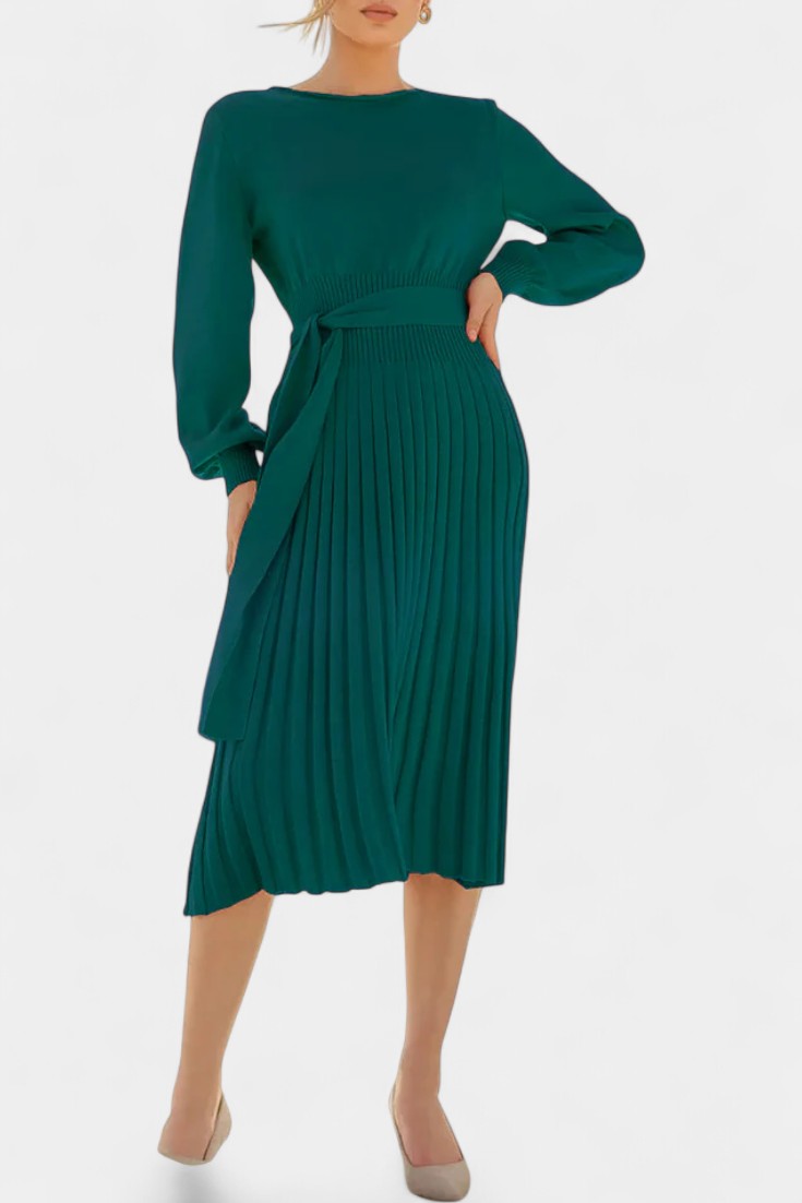 Chloéria Robe Pull Midi Plissée à Ceinture et Maille Côtelée