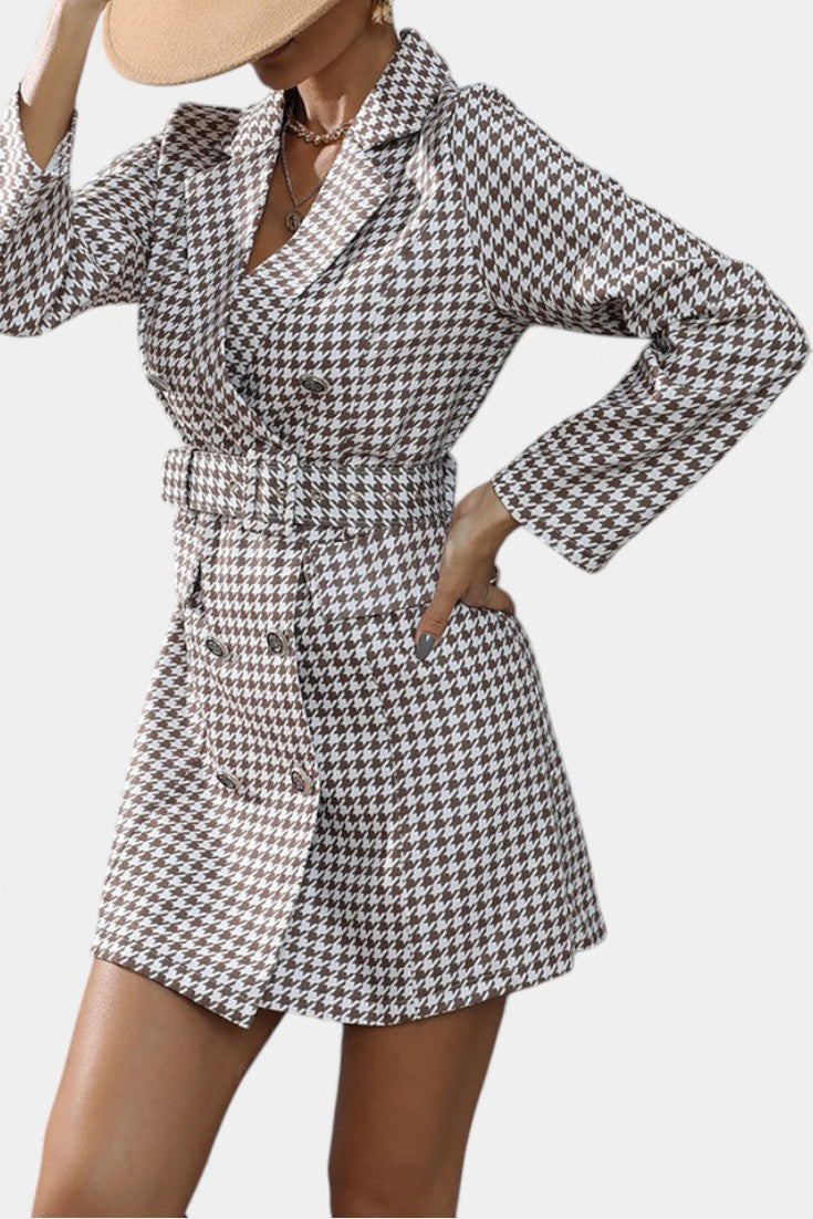 Maddy Robe Tailleur à Carreaux Pied-de-Poule avec Revers et Ceinture