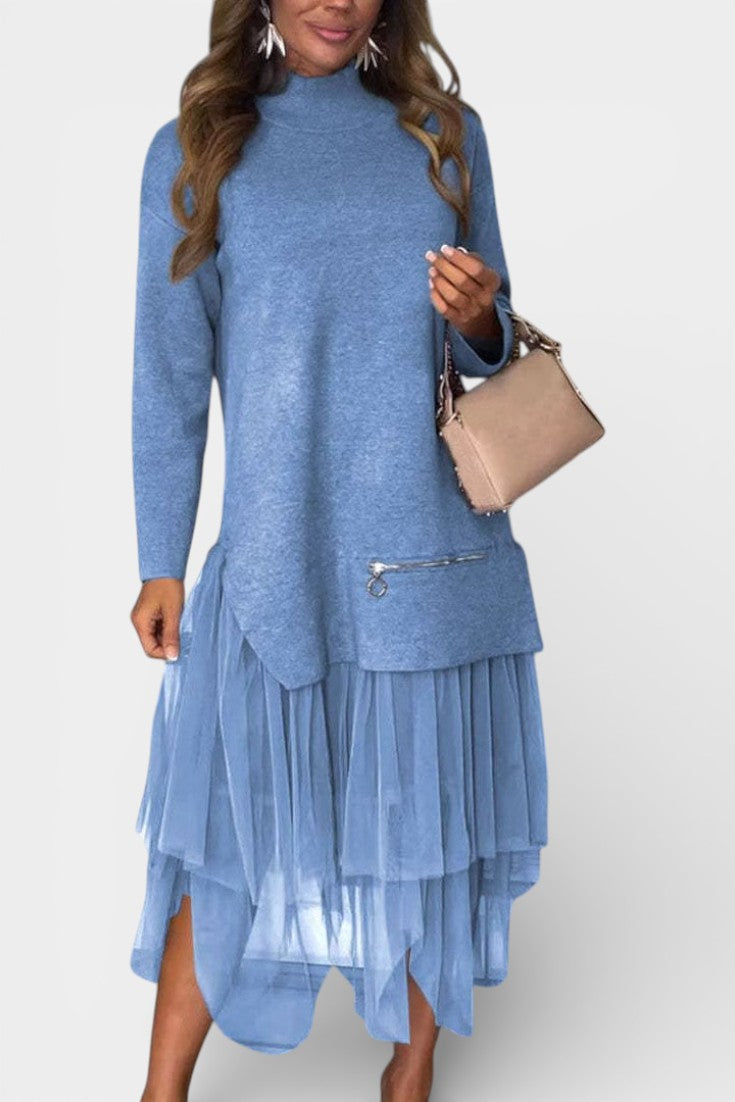 Fiorenza Robe Tricot et Tulle à Col Montant