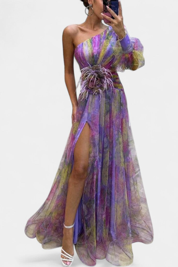 Amelie Robe Asymétrique à Imprimé Aquarelle et Détail Floral