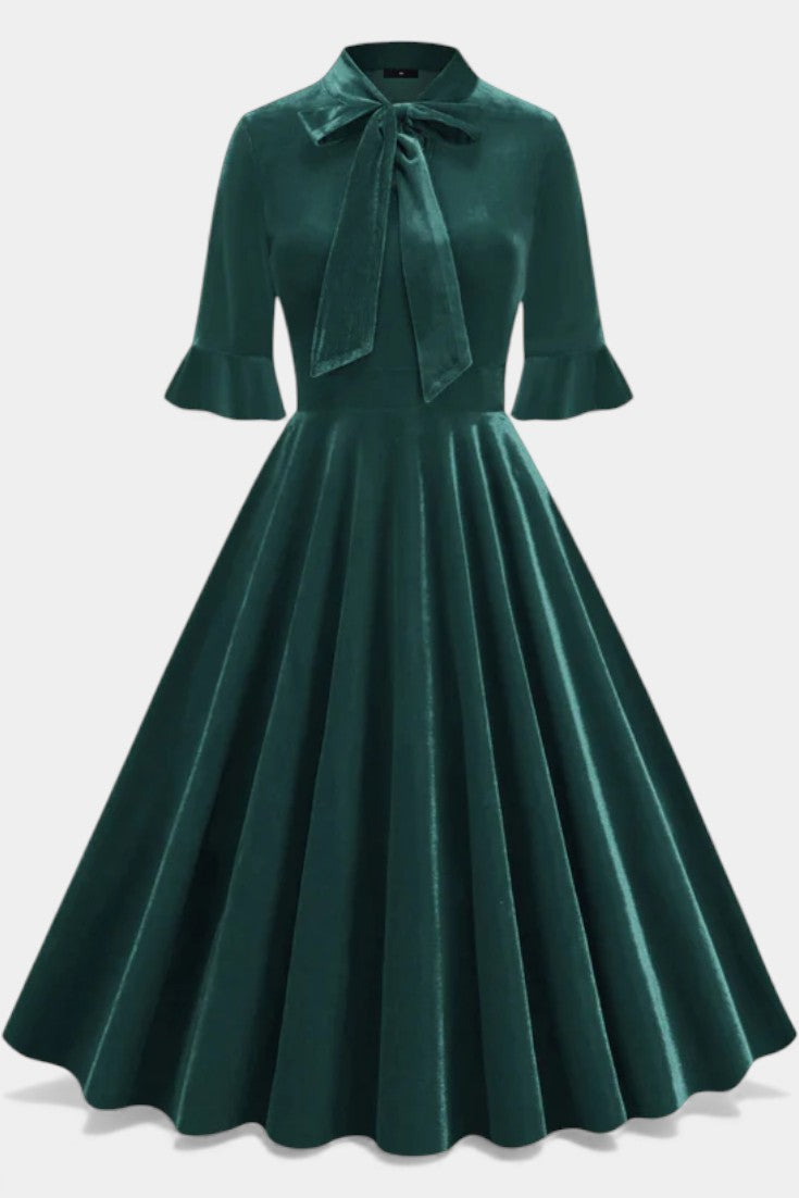 Domitille Robe Midi Vintage en Velours avec Manches Volantées et Nœud Élégant
