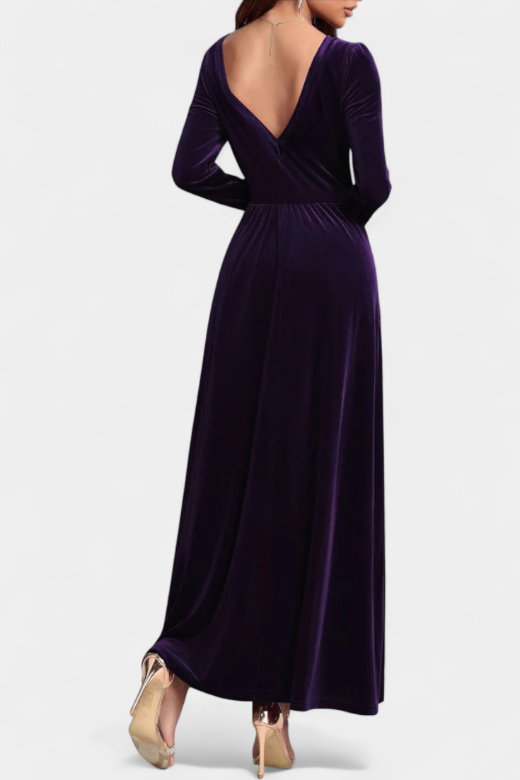 Stéphanie Robe Longue en Velours à Dos Nu et Col Carré