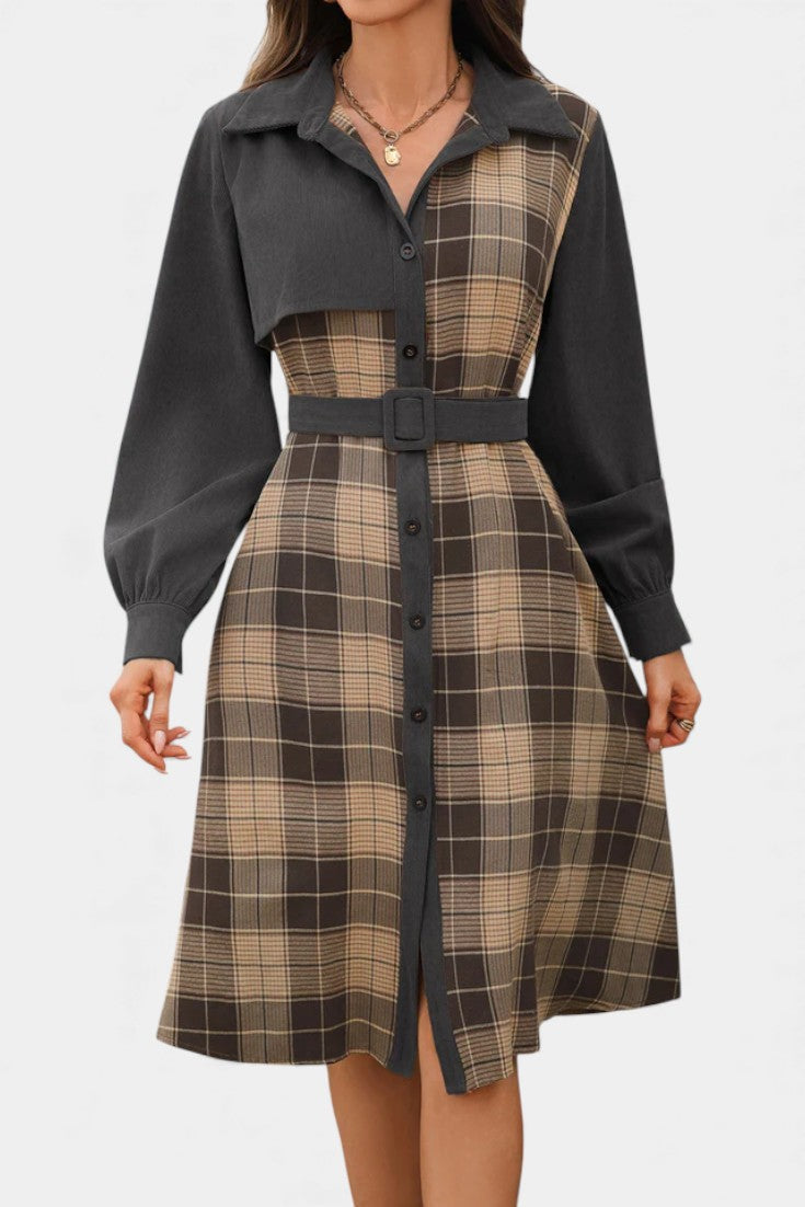Naïla Robe Chemise Mi-Longue à Carreaux Patchwork Ceinturée