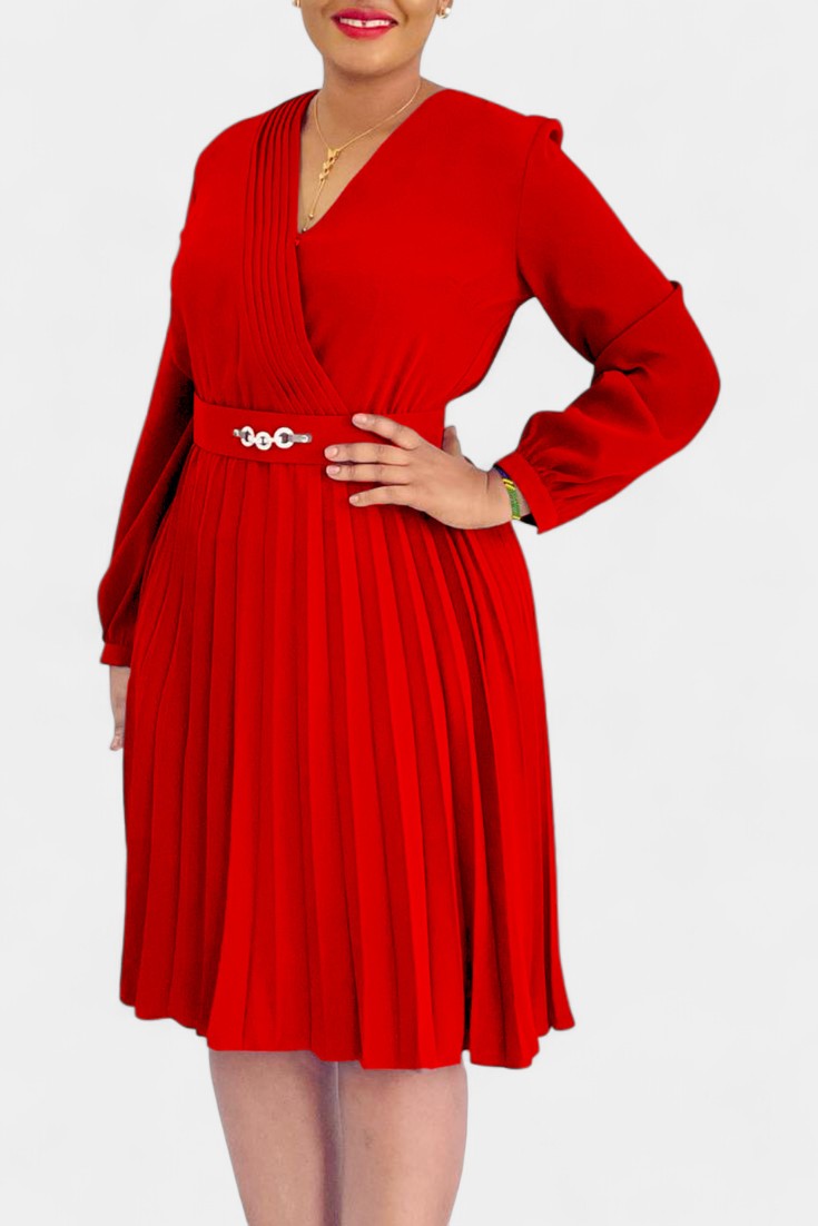 Lucie Robe Midi Plissée à Manches Longues et Ceinture