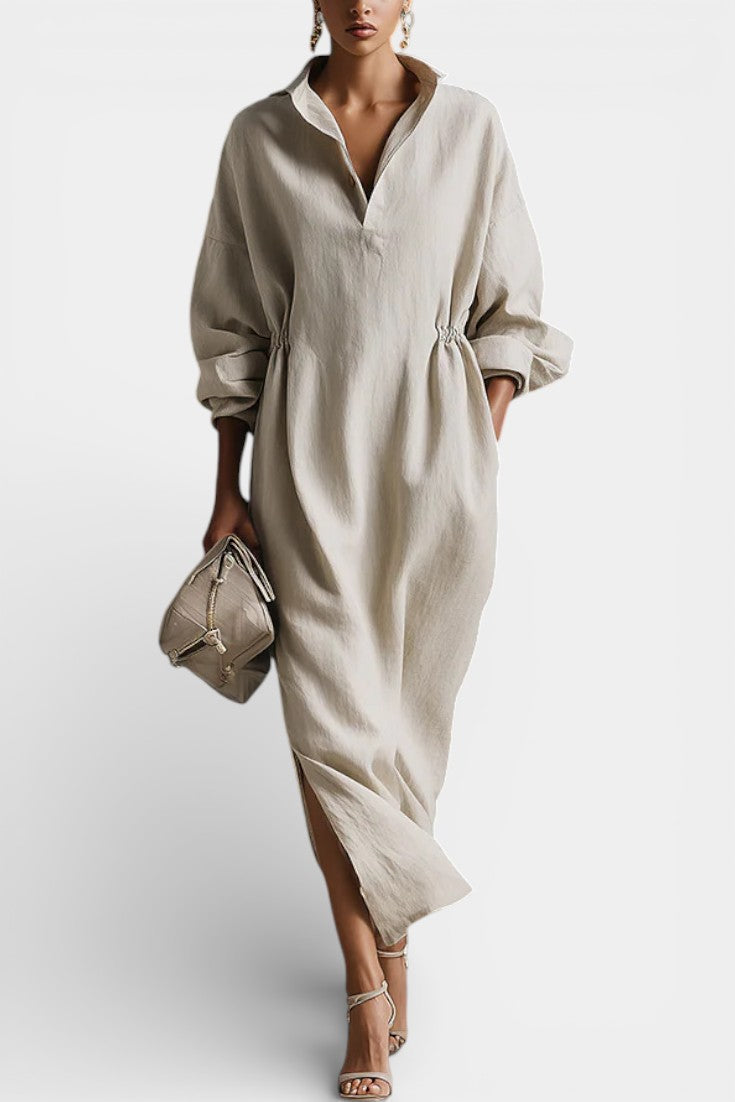 Adisa Robe Longue Fluide en Lin Écru à Col Chemise