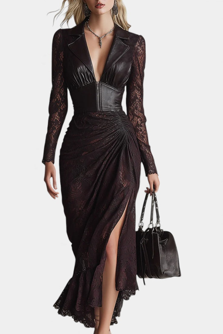 Alunna Robe Maxi Vintage en Simili-Cuir & Dentelle