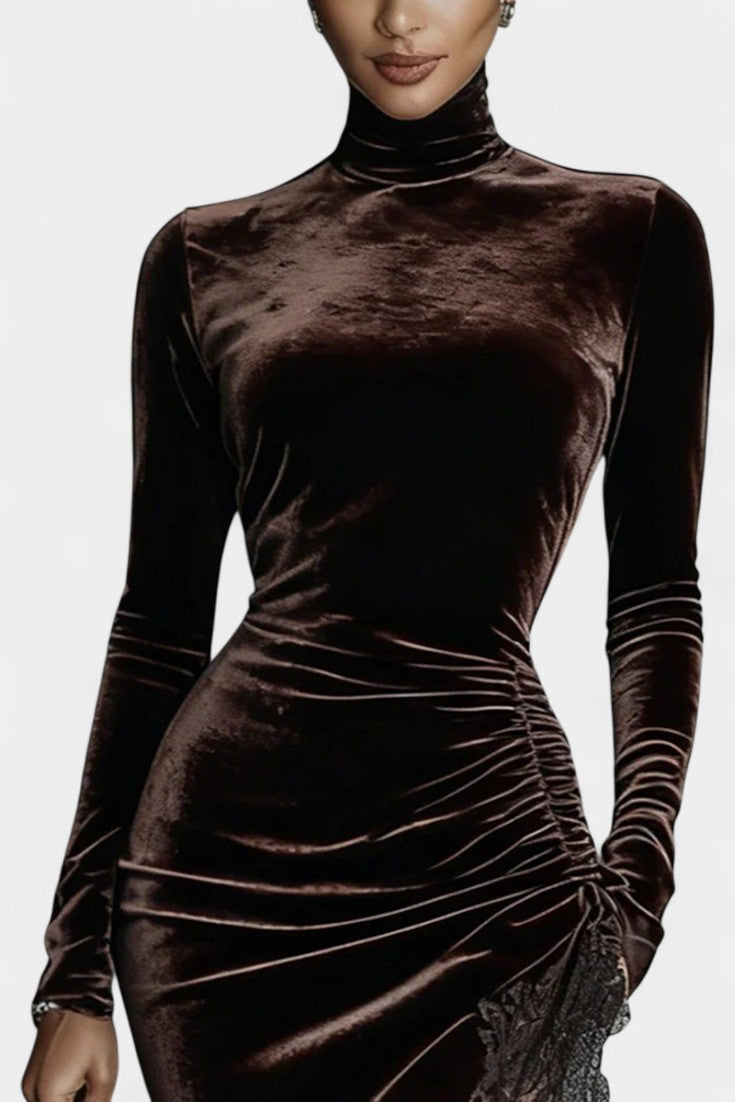 Mylène Robe Longue en Velours à Ourlet Dentelle Asymétrique