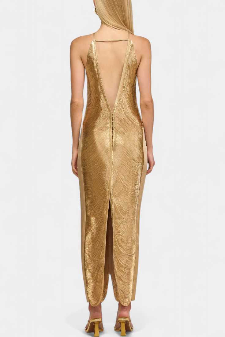 Jianna Robe Halter à Franges Dorées et Dos Nu Sophistiqué