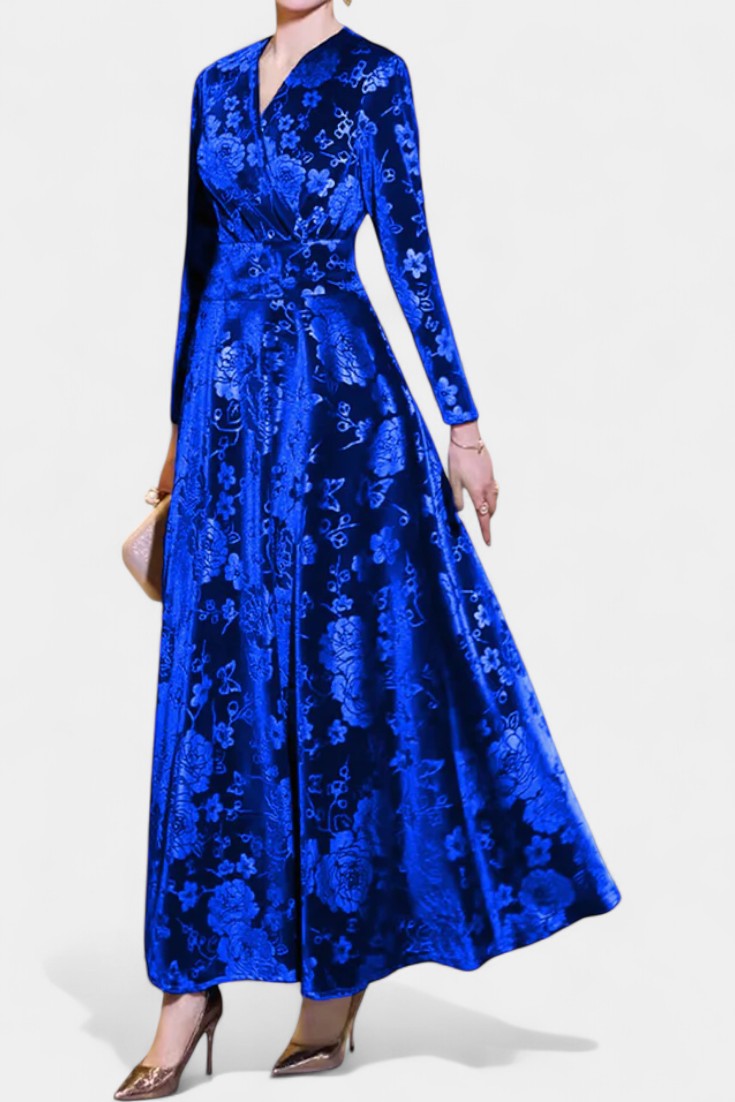 Ombeline Robe Longue en Velours à Col V et Motif Floral Texturé