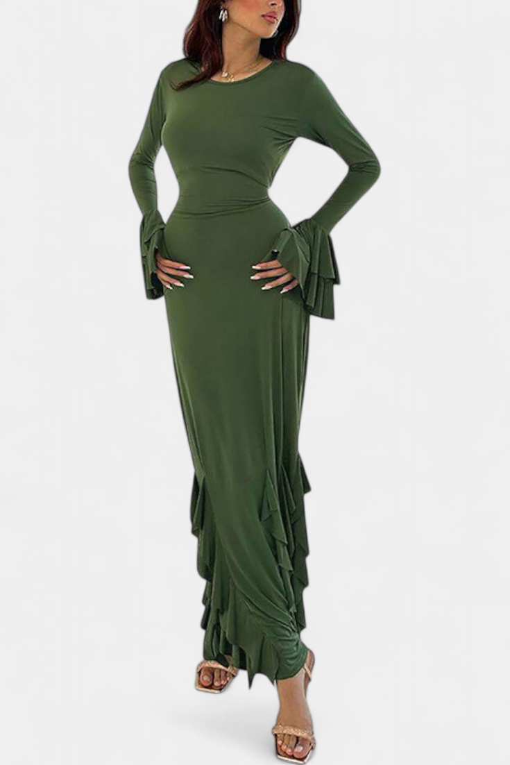 Calissa Robe Longue Ajustée à Manches Évasées et Volants en Cascade