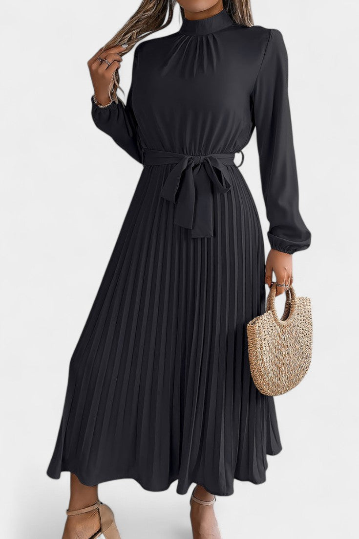 Morgane Robe Plissée à Col Montant Froncé et Taille Nouée