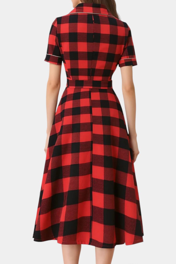 Lylas Robe Midi Vintage à Carreaux avec Revers Tailleur, Poches et Ceinture