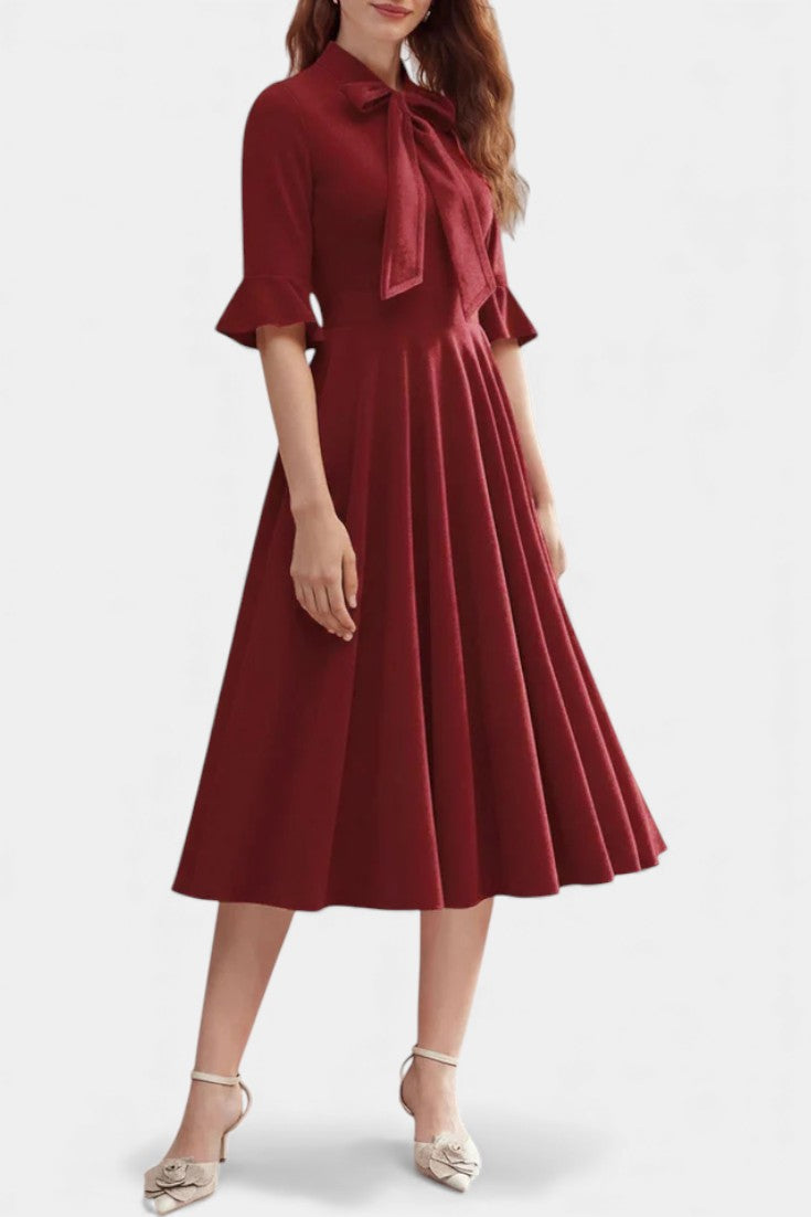 Domitille Robe Midi Vintage en Velours avec Manches Volantées et Nœud Élégant