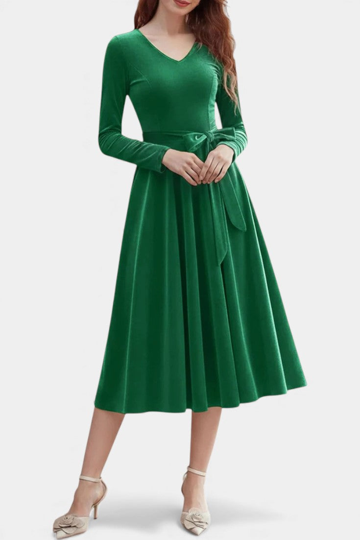 Almena Robe Midi en Velours à Col V Festive et Élégante