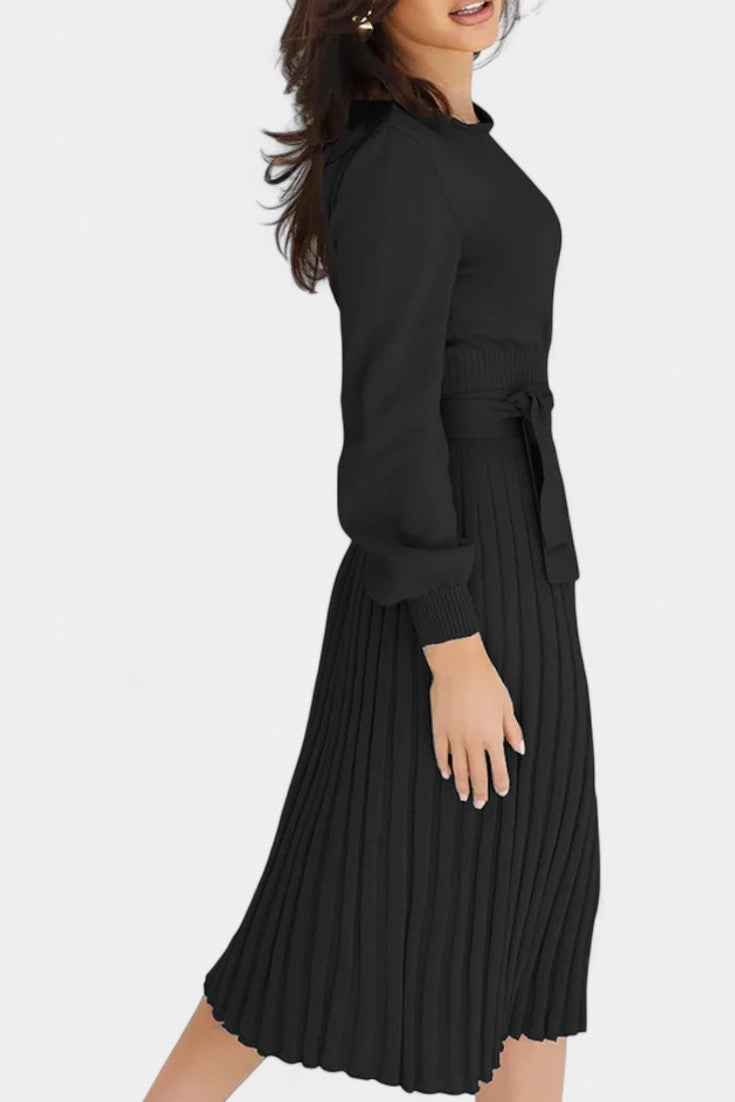 Chloéria Robe Pull Midi Plissée à Ceinture et Maille Côtelée