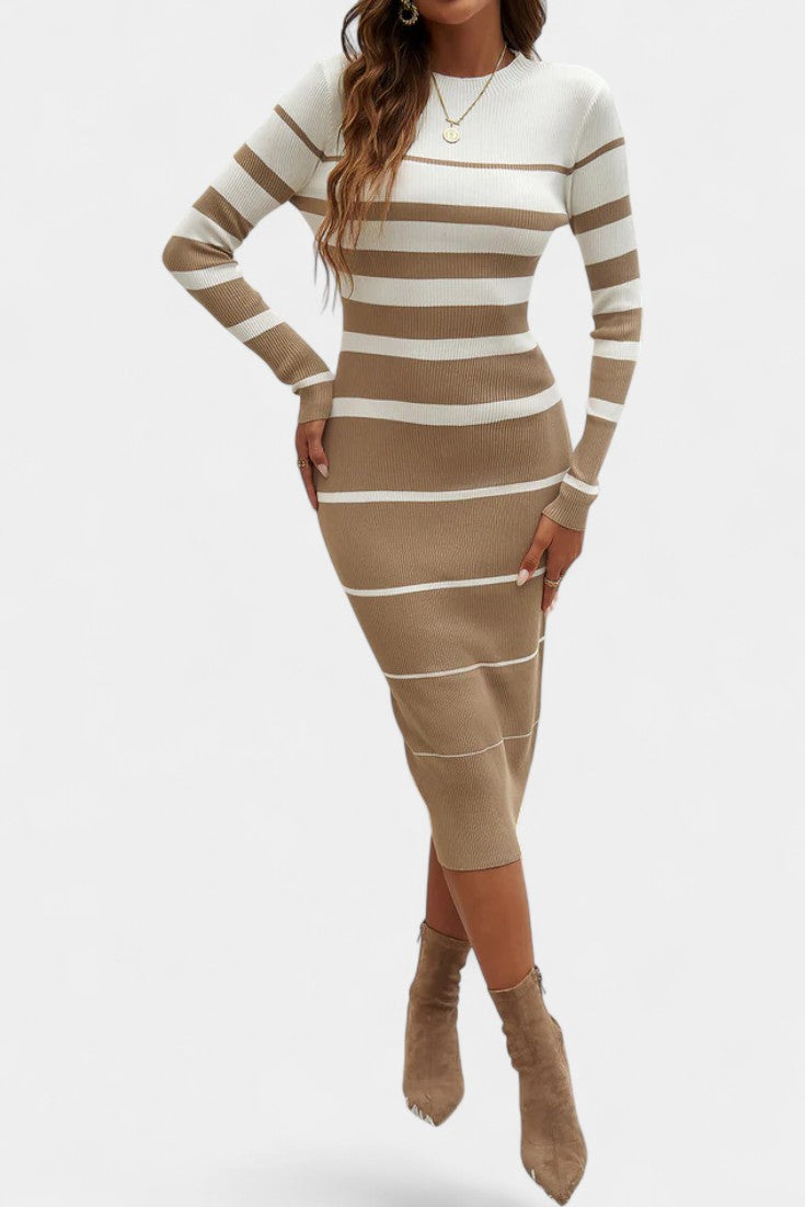 Azelyne Robe Pull Midi Tricotée à Rayures et Coupe Ajustée