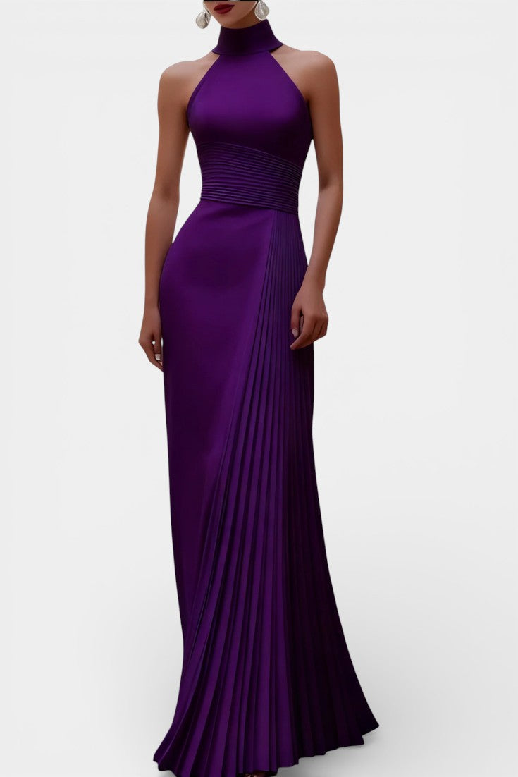 Whitney Robe de Soirée Satinée Plissée à Col Halter