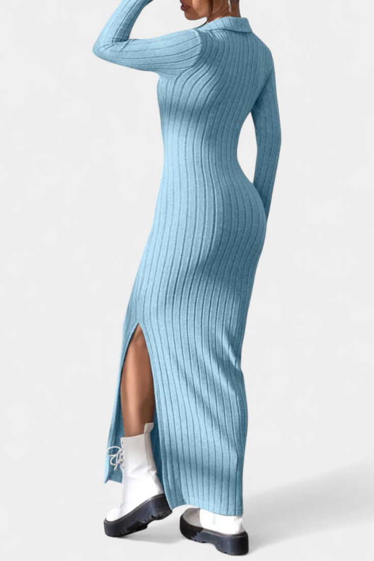 Élidia Robe Maxi Fendue à Col en V et Silhouette Ajustée