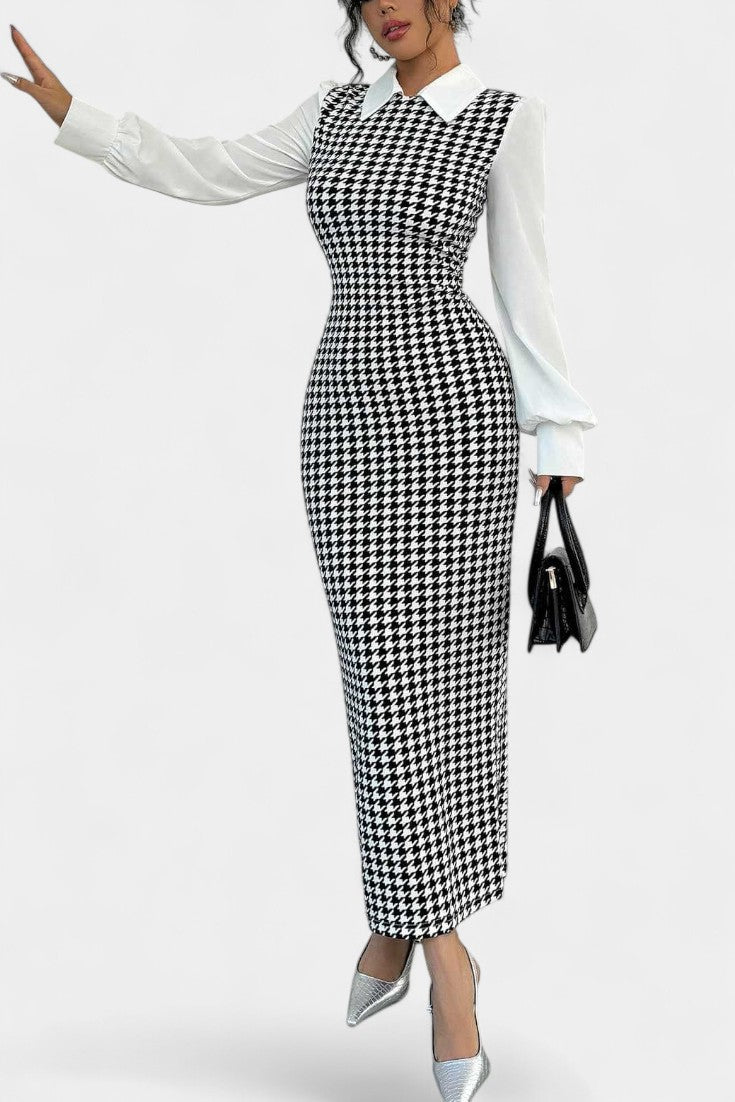 Claire Robe Maxi Patchwork à Imprimé Pied-de-Poule et Manches Bouffantes