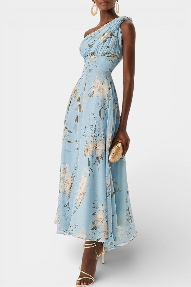 Lenay Robe Longue en Chiffon Plissé Fleuri Bleu Clair à Une Épaule