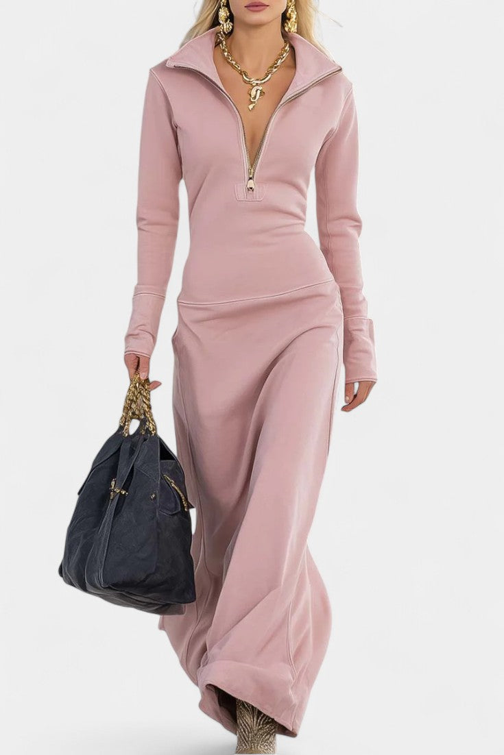 Nabila Robe Zippée Rose à Col en V et Coupe Ajustée