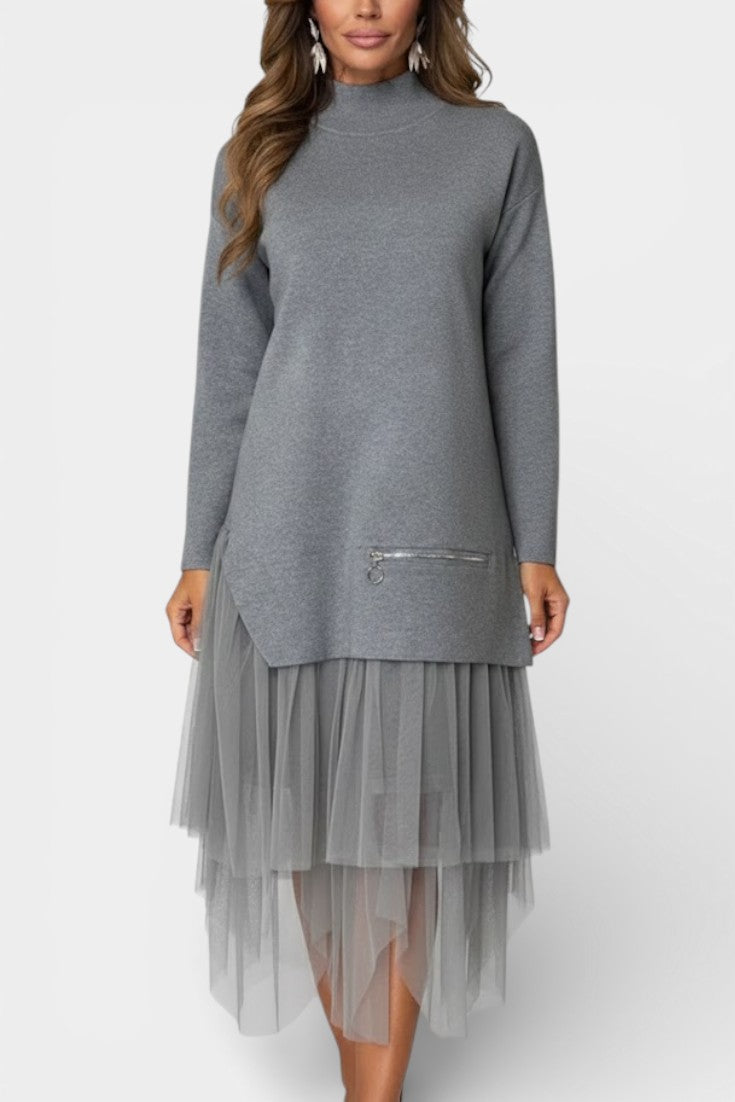 Fiorenza Robe Tricot et Tulle à Col Montant