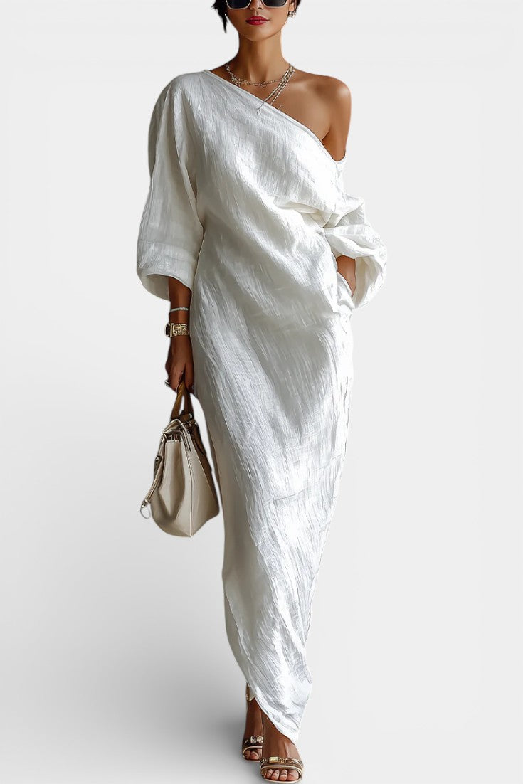 Lounaïs Robe Longue Fluide à Une Épaule en Mélange Coton-Lin Ivoire