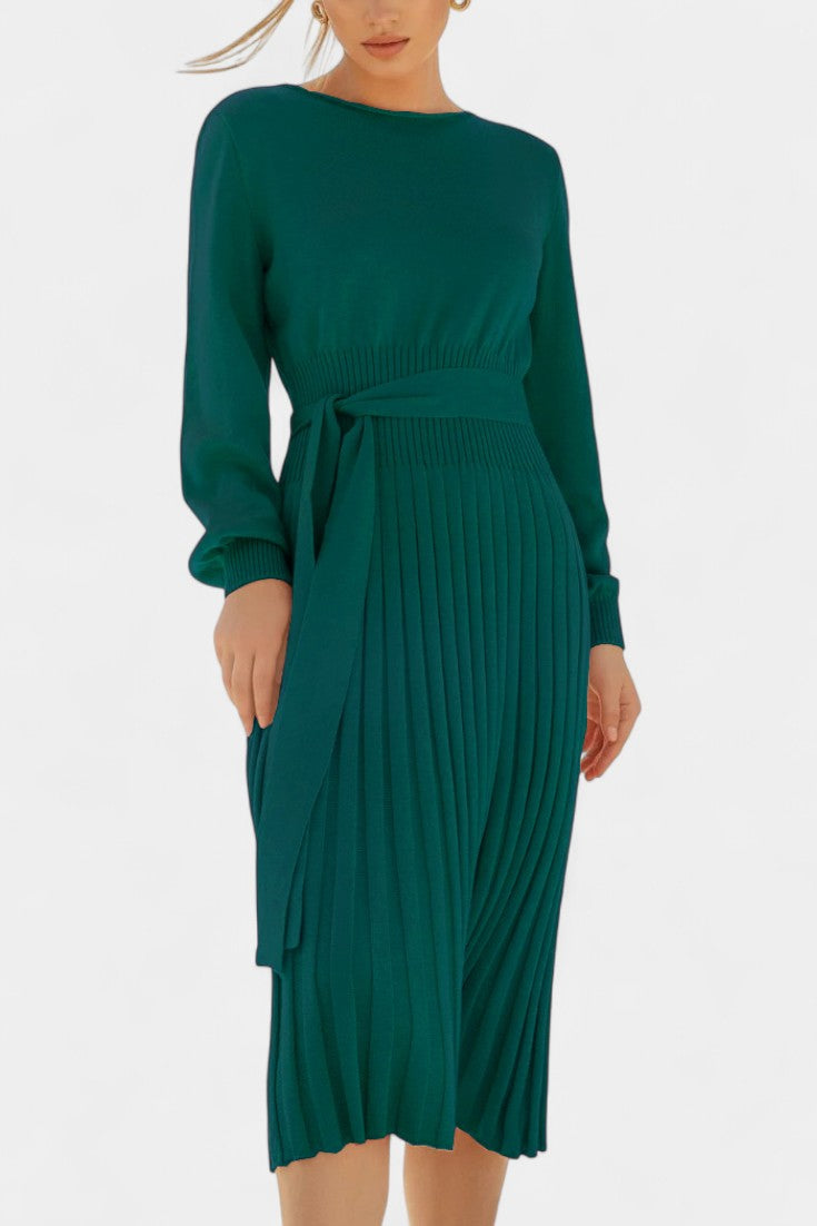 Chloéria Robe Pull Midi Plissée à Ceinture et Maille Côtelée