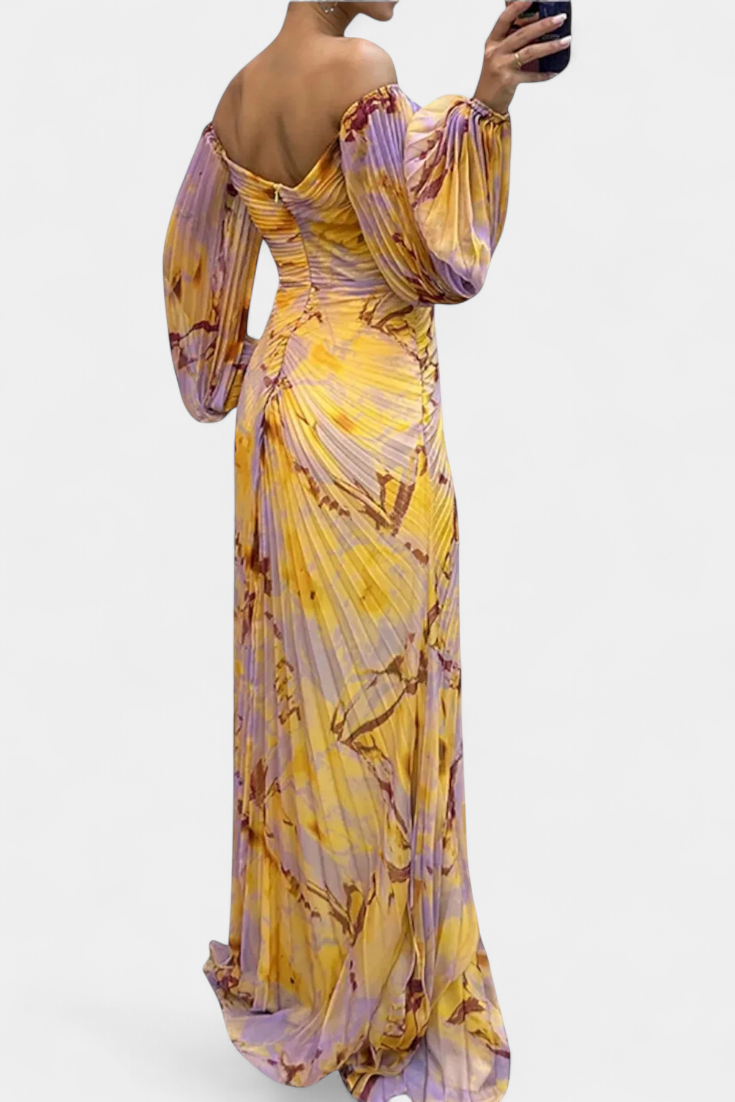 Quintessa Robe de Soirée Off-Shoulder Plissée à Manches Bouffantes