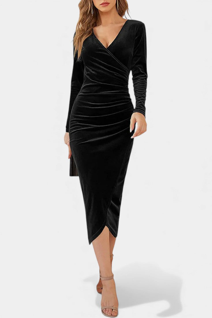 Kenza Robe Midi Cocktail en Velours Froncé