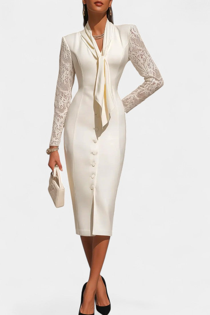 Cami Robe Mi-Longue à Manches en Dentelle Blanche et Col à Nouer