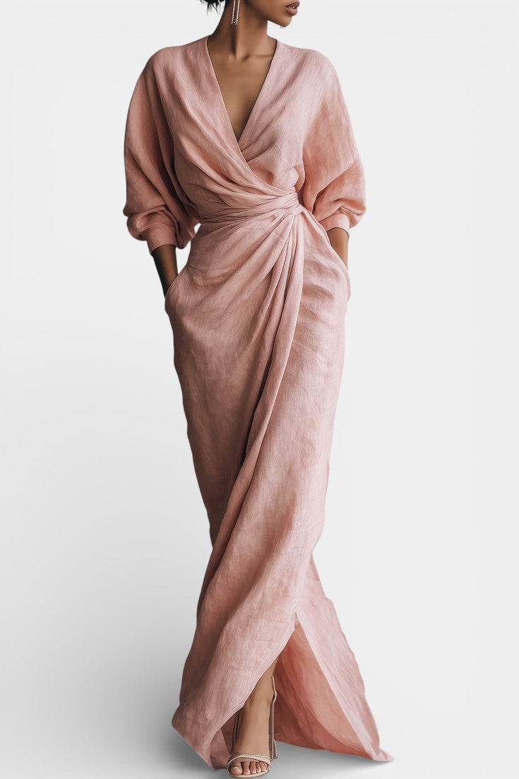 Connie Robe Longue Minimaliste Rose à Décolleté en V
